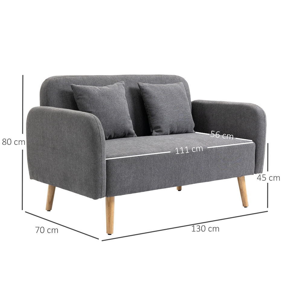 image 1 of HOMCOM 2 Seater Sofa, Modern Fabric Loveseat Sofa, Small Couch with 2 Pillows, Armrest and Wood Legs for Living Room, Bedroom, Home Office, Grey