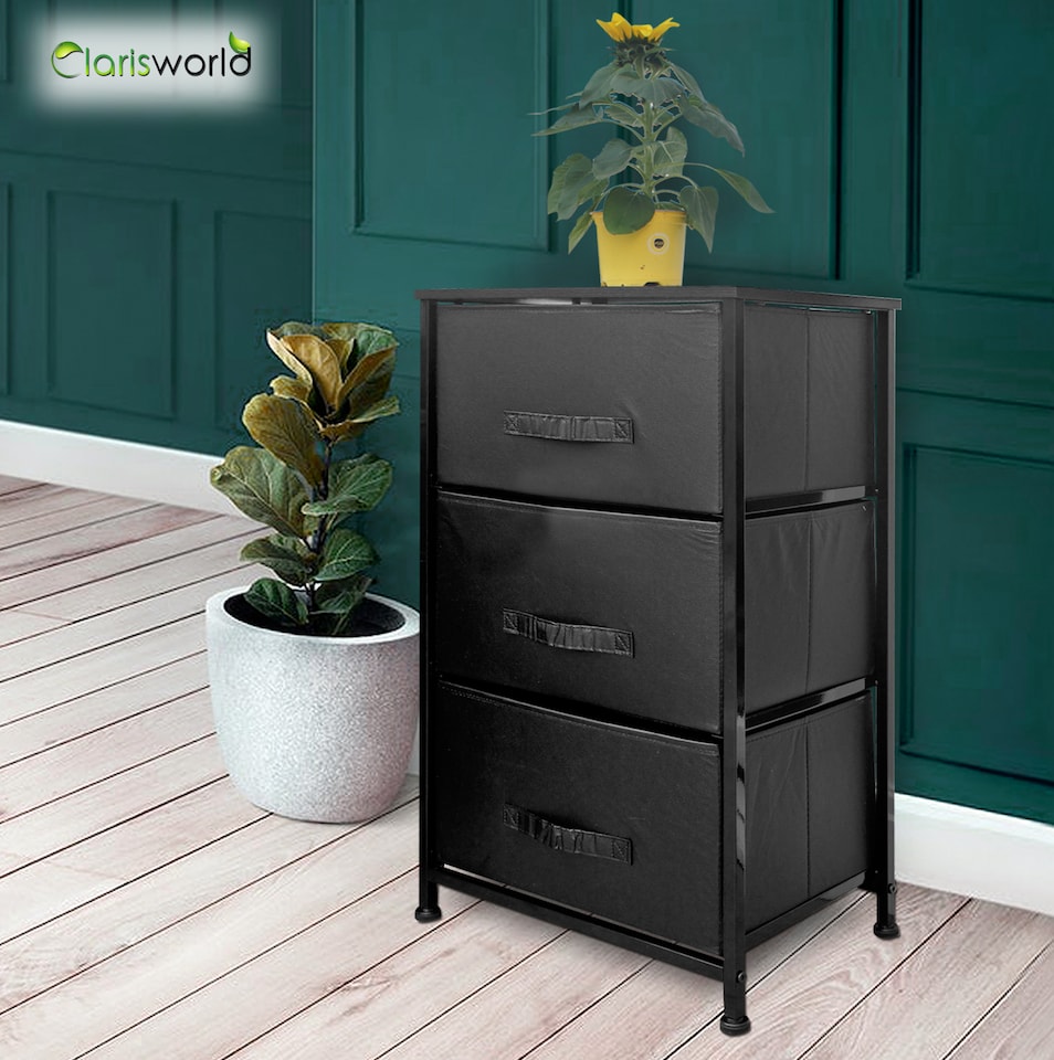 image 1 of Clarisworld 3 Drawer Storage Tower Dresser with Wood Top, Sturdy Steel Frame & Laminated Fabric Drawers, Storage Organiser Unit for Bedroom, Hallway, Entryway, Closet & Office