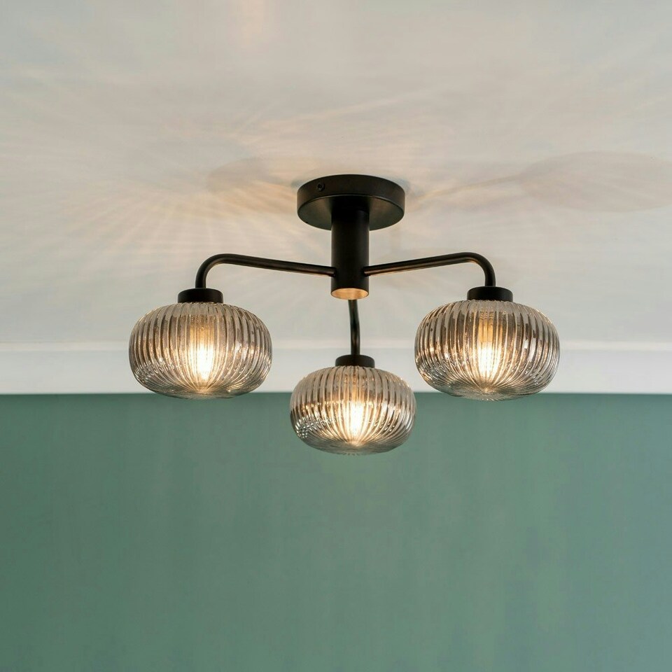 image 1 of ValueLights Amaia Matte Black IP44 3 Way Smoked Ribbed Glass Ceiling Light with LED Bulbs