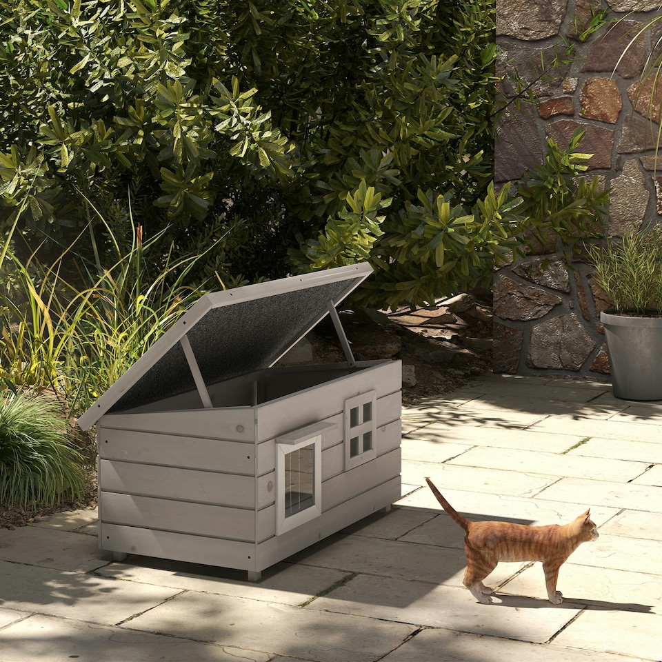 image 1 of PawHut Outdoor Cat House with Openable Top, Asphalt Roof, Window, Grey