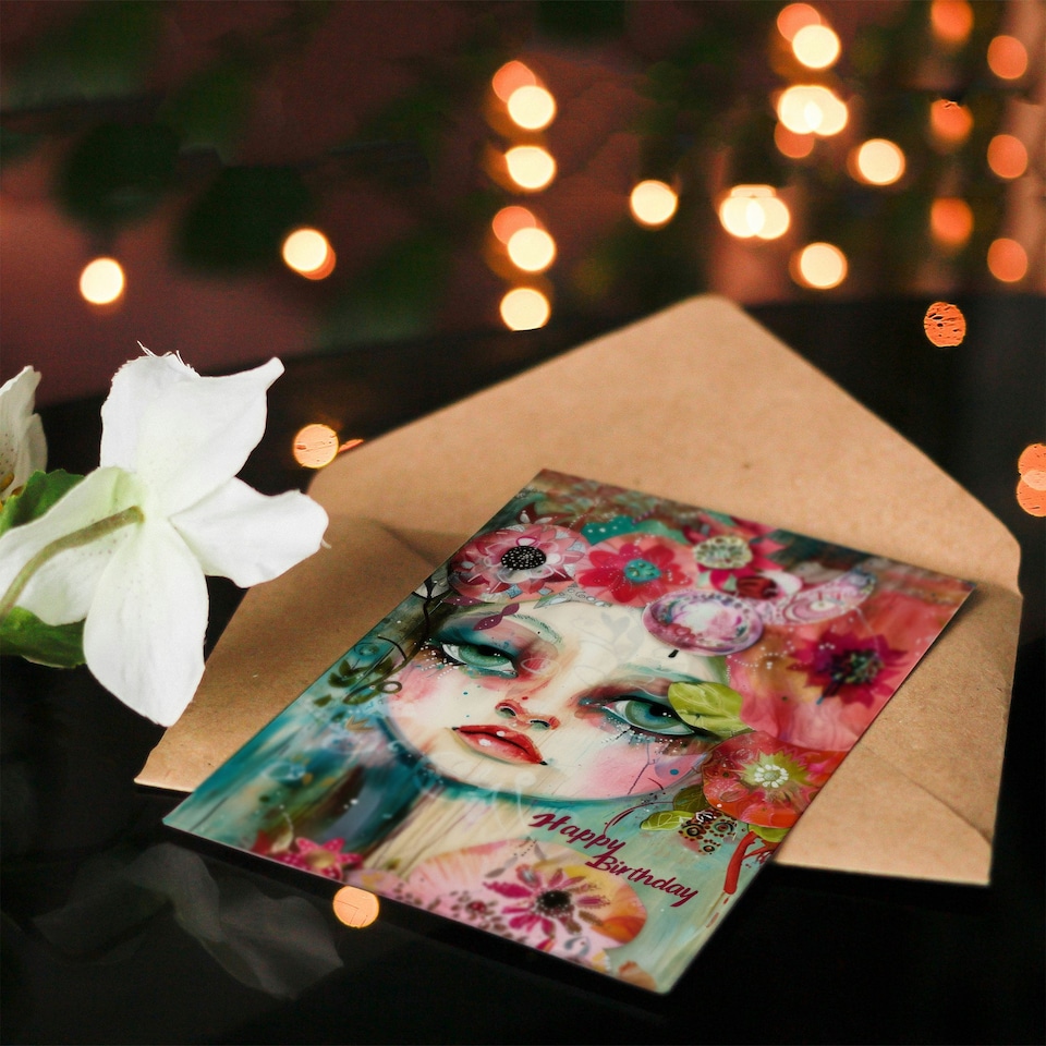 image 1 of Colourful Weird Doll Face Trippy Girl Floral Her Birthday Card