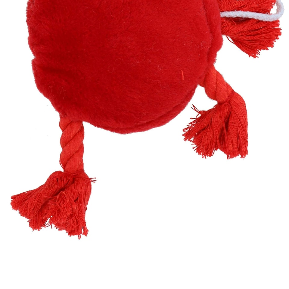 image 1 of Plush Soft Red Happy Face Dog Play Toy With Squeak & Rope Arms.