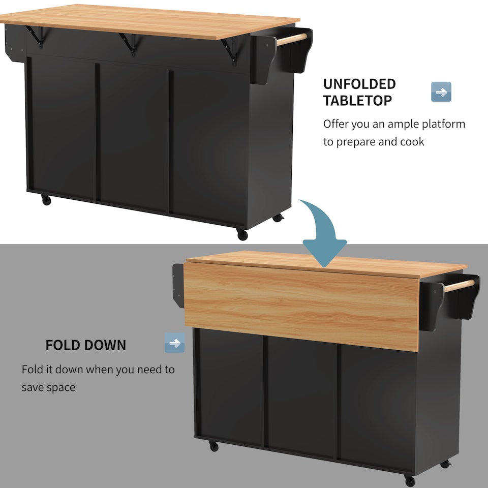 image 1 of VILUXE Mobile Kitchen Island with Foldable Marble-Effect Worktop, 3 Drawers, Adjustable Storage, Towel Holder, Wheels and Solid Wood Feet, Black and Natural Wood