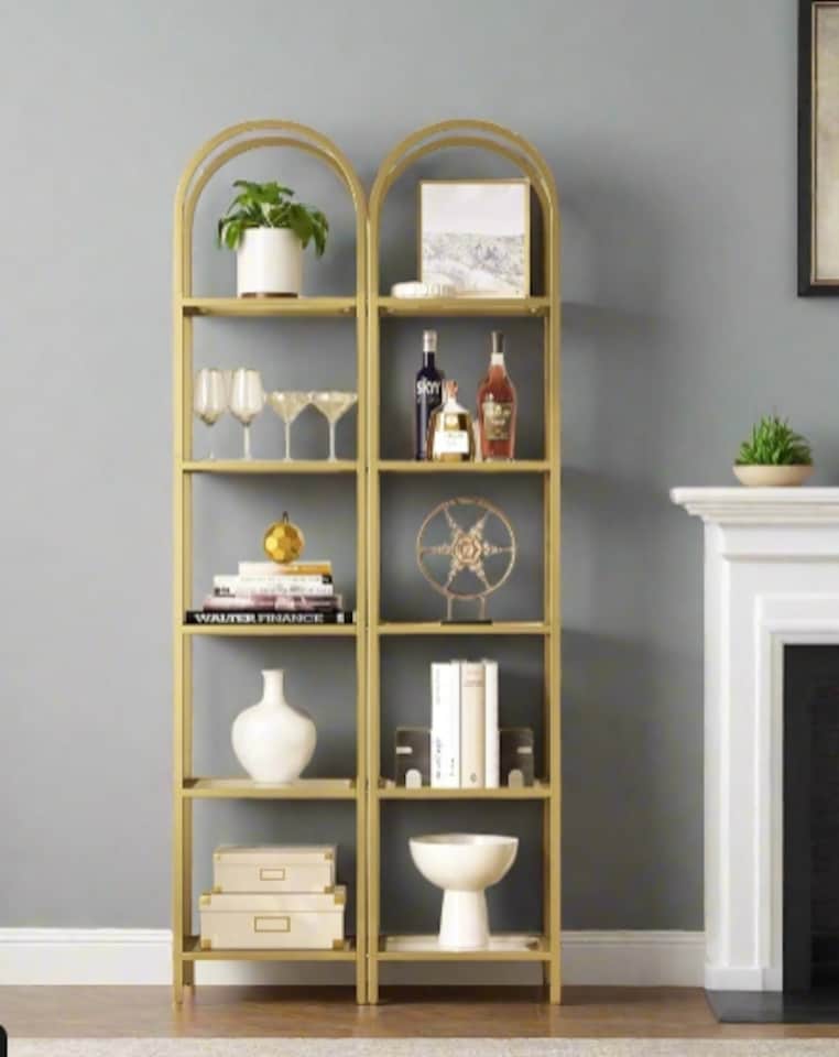image 1 of 5-Tier Tempered Glass Shelf Unit, Arched Display Rack, Metallic Gold Frame 183.5 cm
