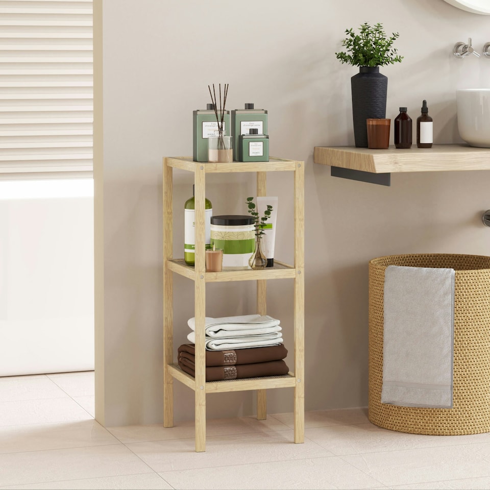 image 1 of 4-Tier Bathroom Storage Shelving Unit, Freestanding Bamboo Shelves, Natural Cream