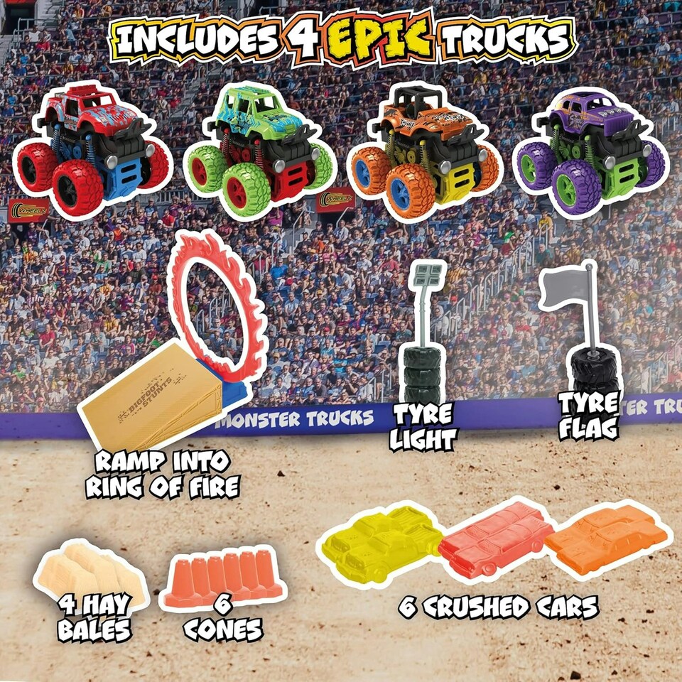 image 1 of Wheelz Monster Truck Stadium Set - 4 Monster Trucks, Storage Tub & Accessories