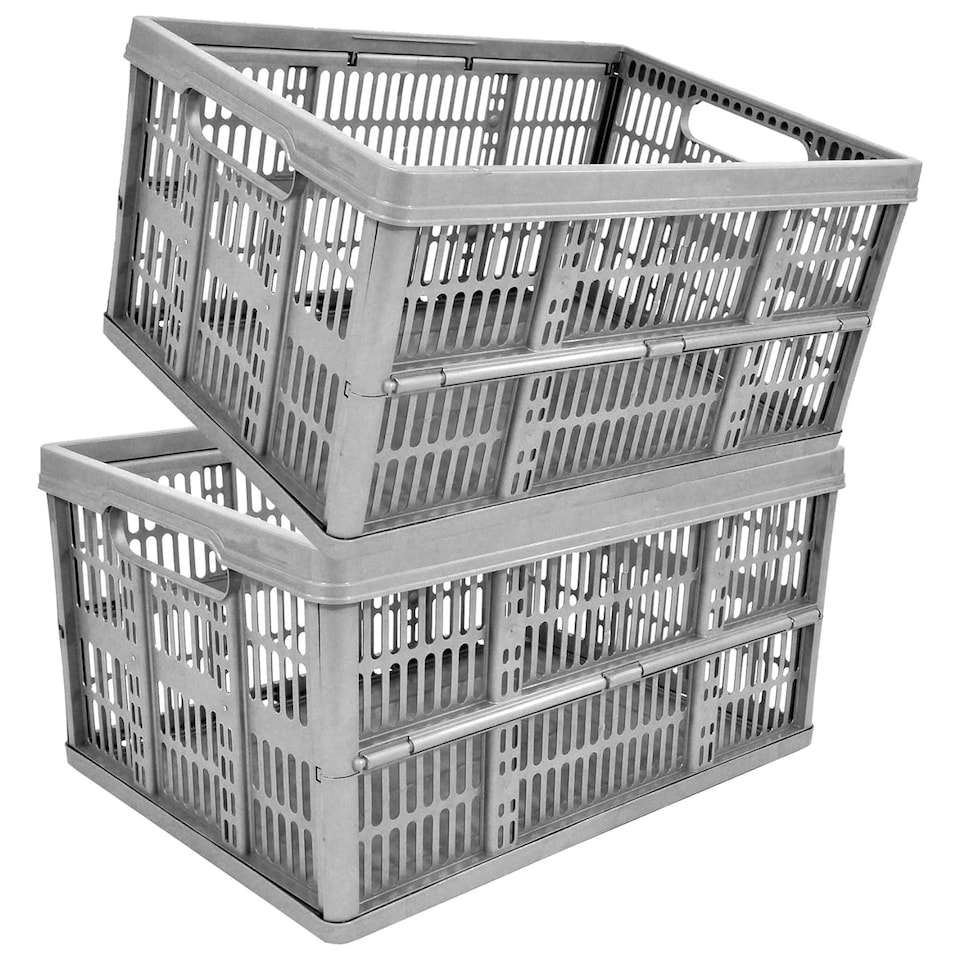 image 1 of 3 x Grey 32L Plastic Folding Crate Boxes With Handles Collapsible, Foldable & Stackable Grey