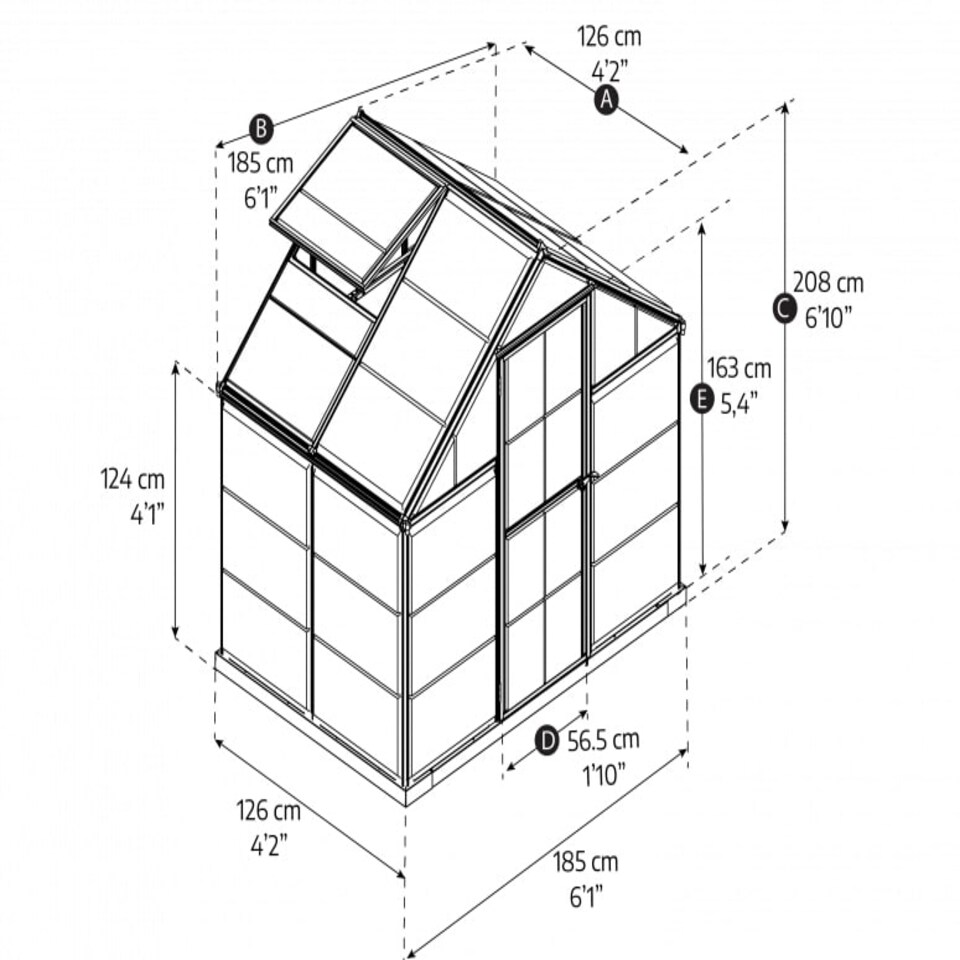 image 1 of Greenhouse Hybrid 6 x 4 - Polycarbonate - L126 x W185 x H208 cm - Grey