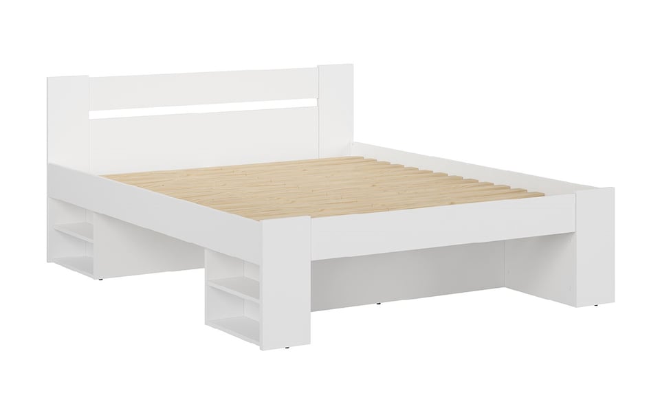 image 1 of White King Size Bed with Drawers Shelves Storage Frame Headboard 160cm Wooden Euro Wooden Slats Nepo