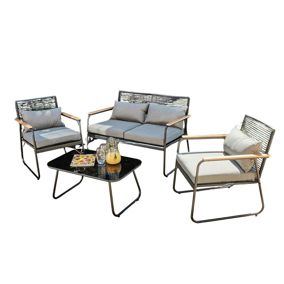 image 1 of Black Metal 4 Piece Garden Set Padded Cushion Glass Tabletop Outdoor Furniture