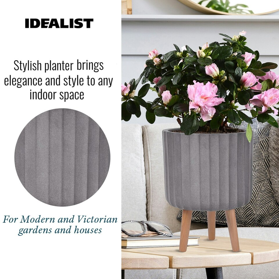 image 1 of Modern Ribbed Taupe Cylinder Planter on Legs, Round Pot Plant Stand Indoor D24 H32 cm, 7.6 ltrs Cap.