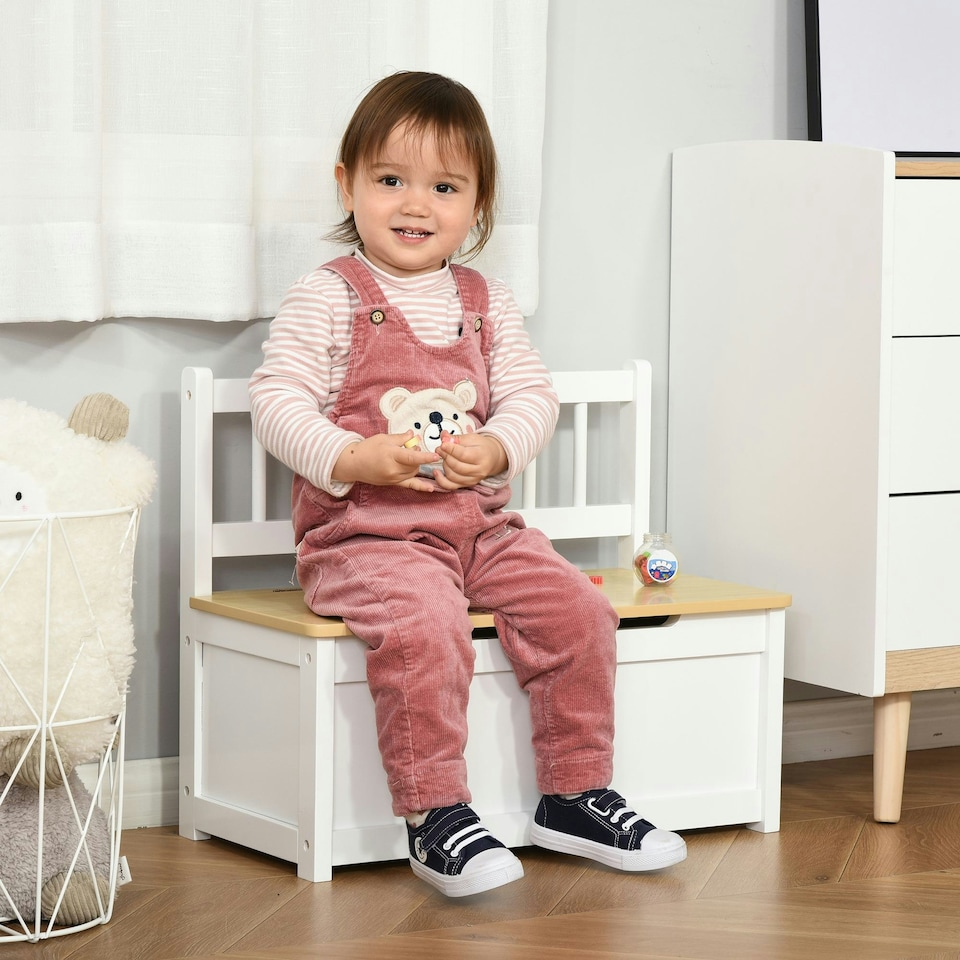 image 1 of HOMCOM 2 In 1 Wooden Toy Box, Seat Bench Storage Chest w/ Pneumatic Rod White | 60 x 30 x 50cm