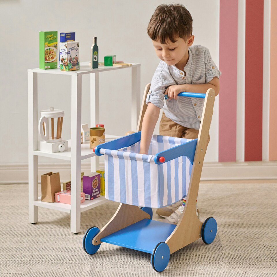 image 1 of Teamson Kids Little Helper Mr. Fresh Wooden Shopping Cart with 13 Play Food Items, Soft Wheels, Ergonomic Handle & Fabric Basket for Toddlers - Blue