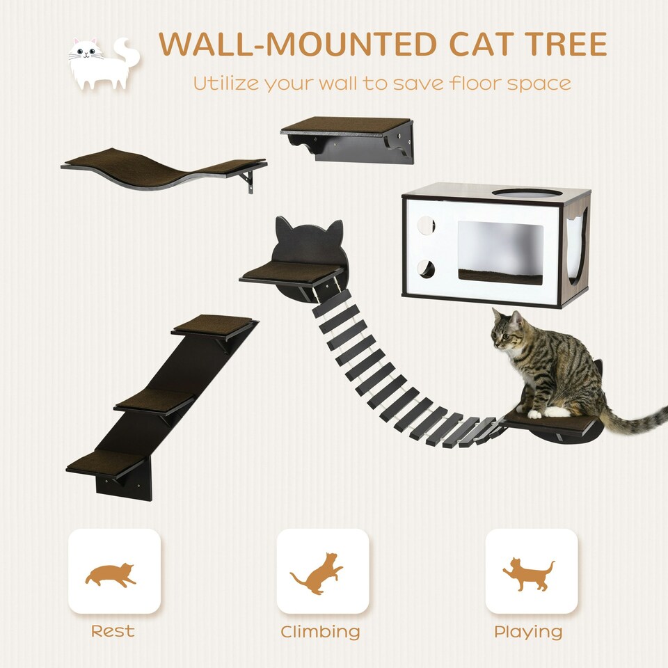 image 1 of PawHut Wall-Mounted Cat Tree, 5 Piece Cat Wall Shelves with House, Brown