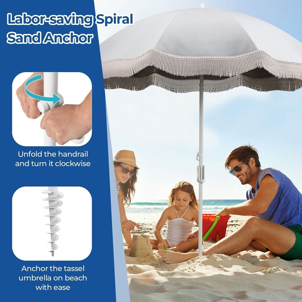 image 1 of COSTWAY 180 cm Outdoor Fringe Patio Parasol Sunshade Umbrella Cream