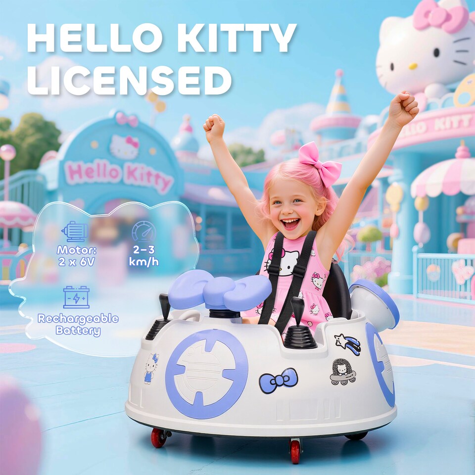 image 1 of AIYAPLAY Hello Kitty Licensed Kids Bumper Car with Remote Control, 360  Rotation Spin Electric Ride On Waltzer Car with Dual Joysticks, Music, Lights, Safety Belt, for 1.5-5 Years Old, White