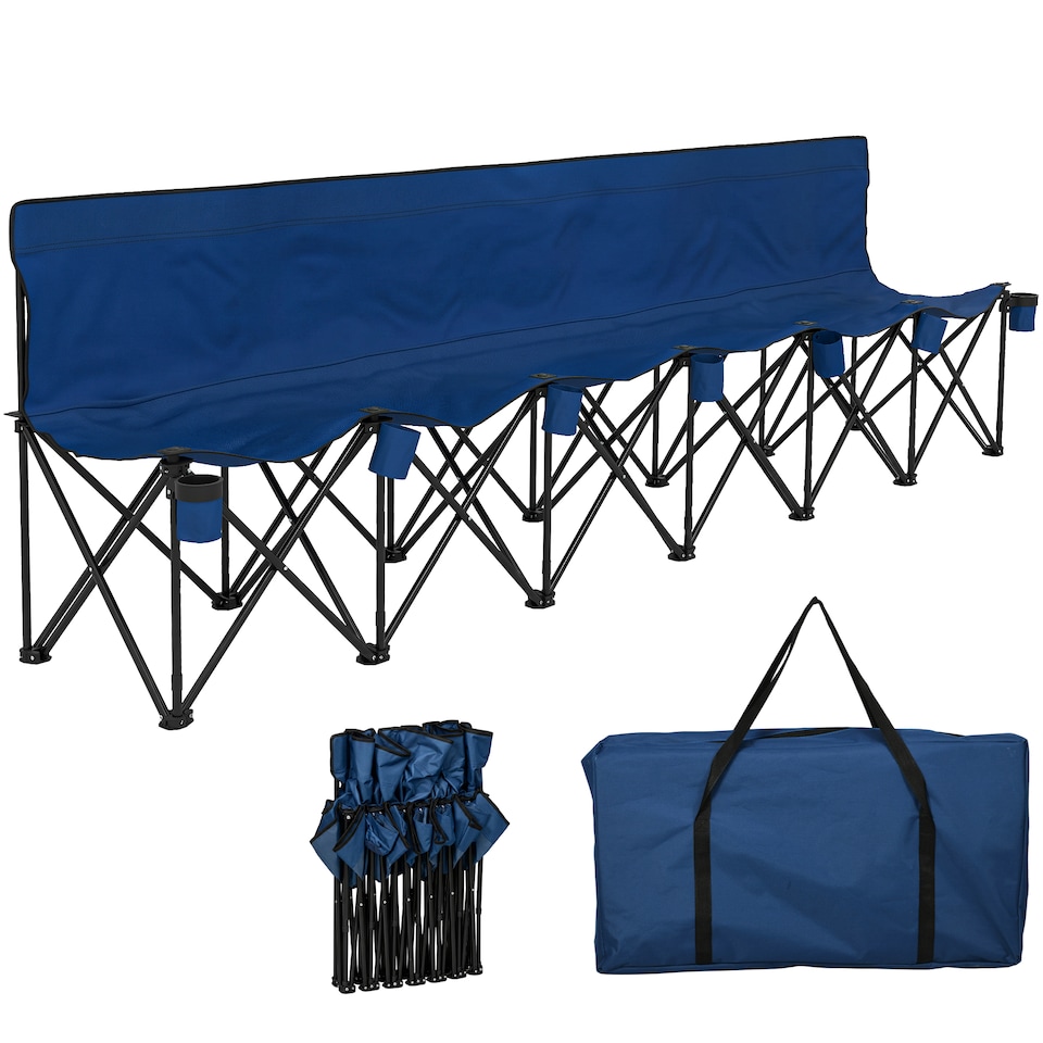 image 1 of Outsunny 6 Seater Folding Bench Camping Chair with Cup Holder, Blue | Blue | Blue