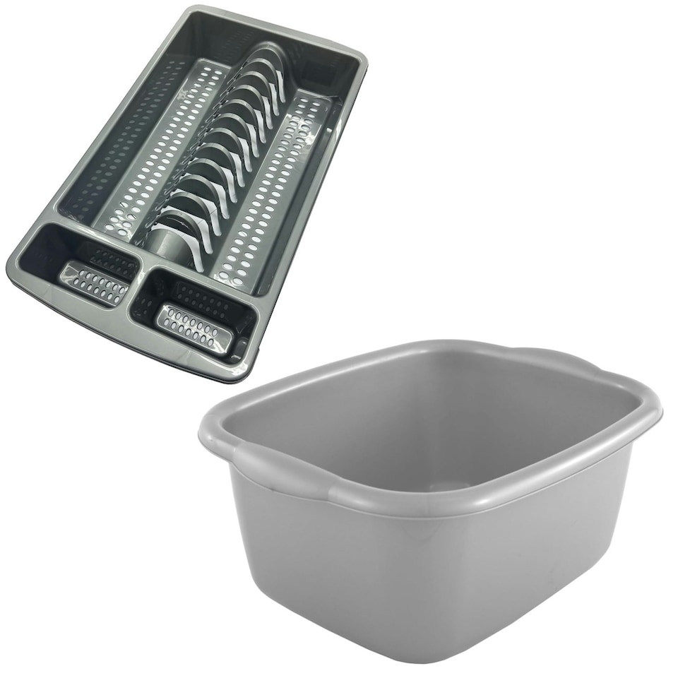 image 1 of Silver Washing Up Bowl & Silver Dish Drainer Rack Silver