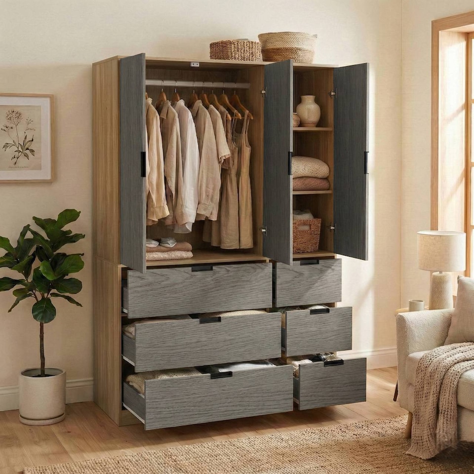 image 1 of RIGA 3 Door 6 Drawer Wardrobe | Brown | Oak & Cedar Grey | 10 x 44.5 x 79 | 1