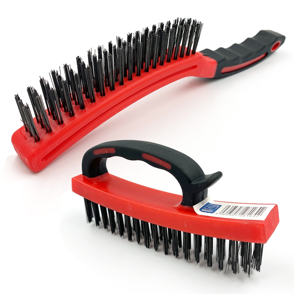 image 1 of Heavy Duty Wire Brush Set Steel Bristle Long Handle, D-Grip Block Rust & Paint Removal Kit
