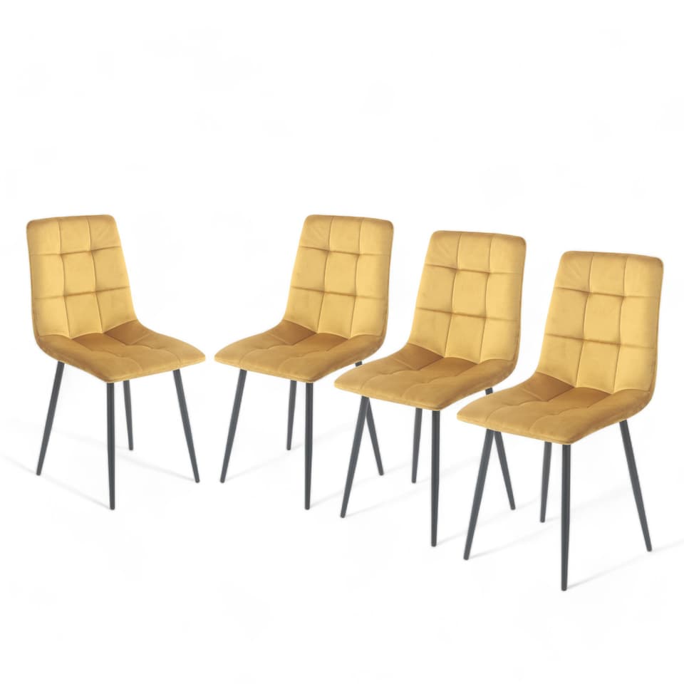 image 1 of 5-Piece Dining Set - 80cm Square Sintered Stone Table and 4 Velvet Chairs with Metal Legs | White | Gloss White & Yellow | 1
