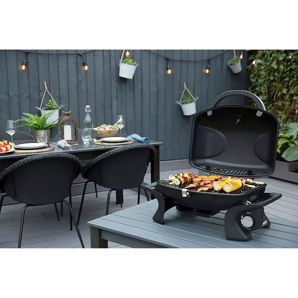 image 1 of George Foreman Gas BBQ GFSBBQ1 Black Stainless Steel Portable with Easy Ignition