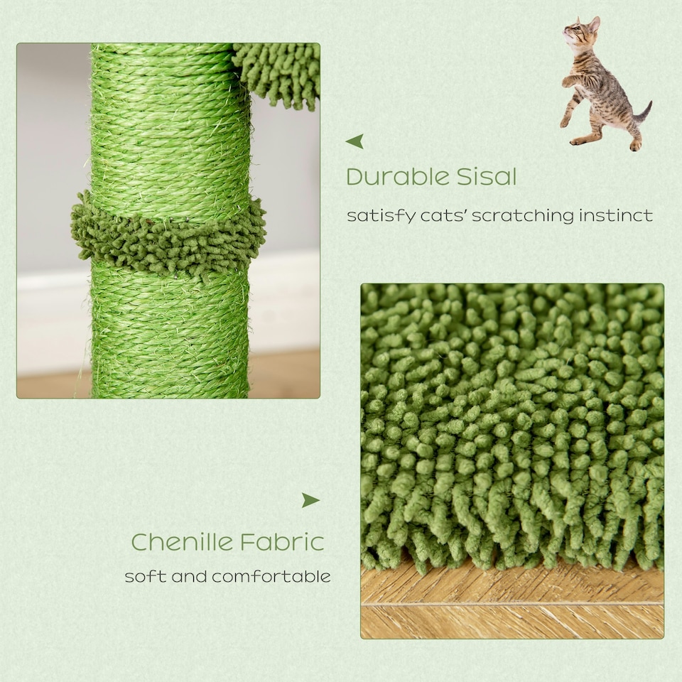 image 1 of PawHut Cactus Cat Tree Tower with Sisal Scratch Post Hammock, 96cm, Green