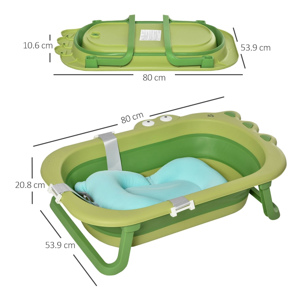 image 1 of HOMCOM Baby Bath Tub for Toddler Foldable w/ Baby Cushion for 0-3 Years Green