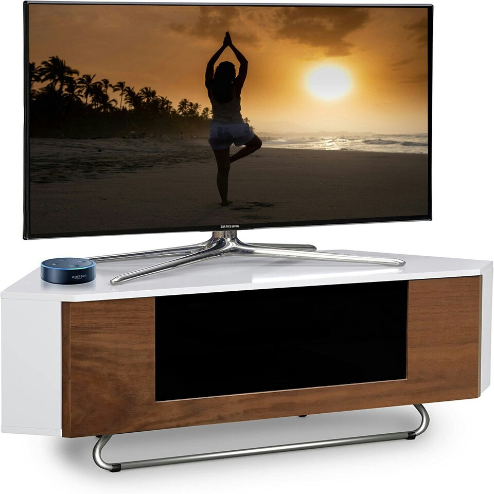 image 1 of Centurion Supports Hampshire Corner-Friendly Gloss White with Walnut Contrast Beam-Thru Remote Friendly Door 26"-50" Flat Screen TV Cabinet White | Walnut