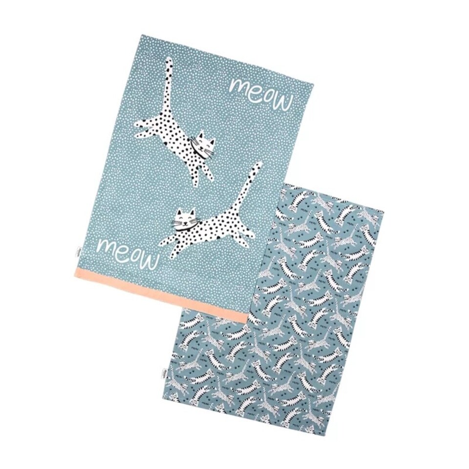 image 1 of Dexam Set of 2 Meow Recycled Kitchen Tea Towels Blue