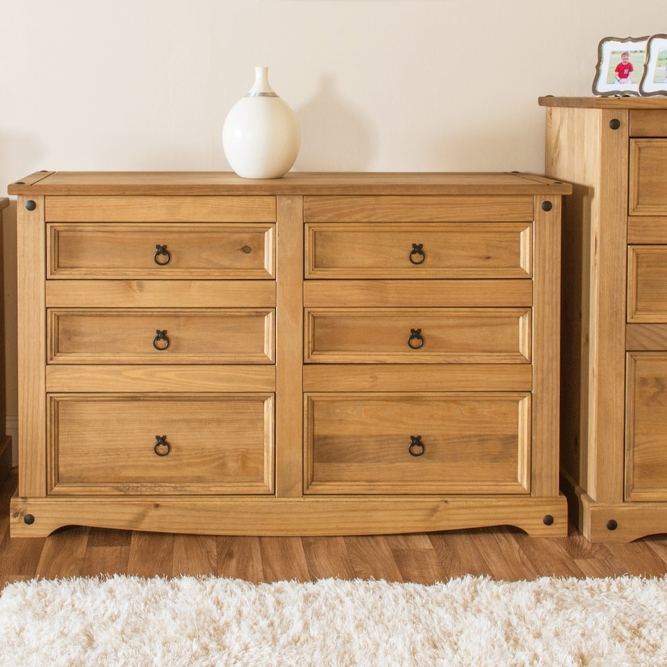 image 1 of Premium Corona 3+3 Drawer Wide Chest of Drawers - Classic Mexican Pine Bedroom Storage Cabinet | Brown | Brown | 1