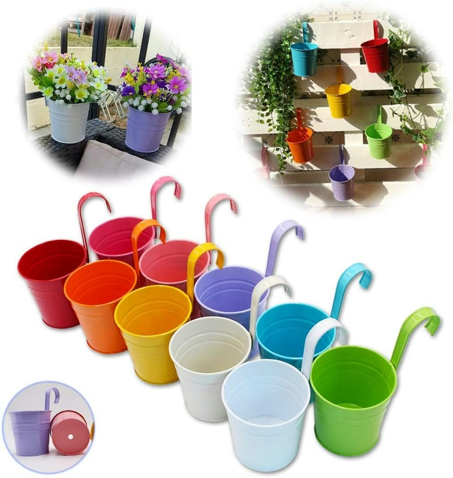 image 1 of Large Metal Flower Pot Vase Bucket Hanging Garden Planter without Drainage Hole, Balcony Home Decor, Detachable Hook NO HOLE | Multi