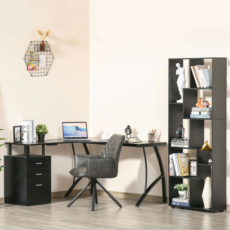 image 1 of HOMCOM L-Shaped Corner PC Desk Table w/ Drawer Home Office Workstation, Black