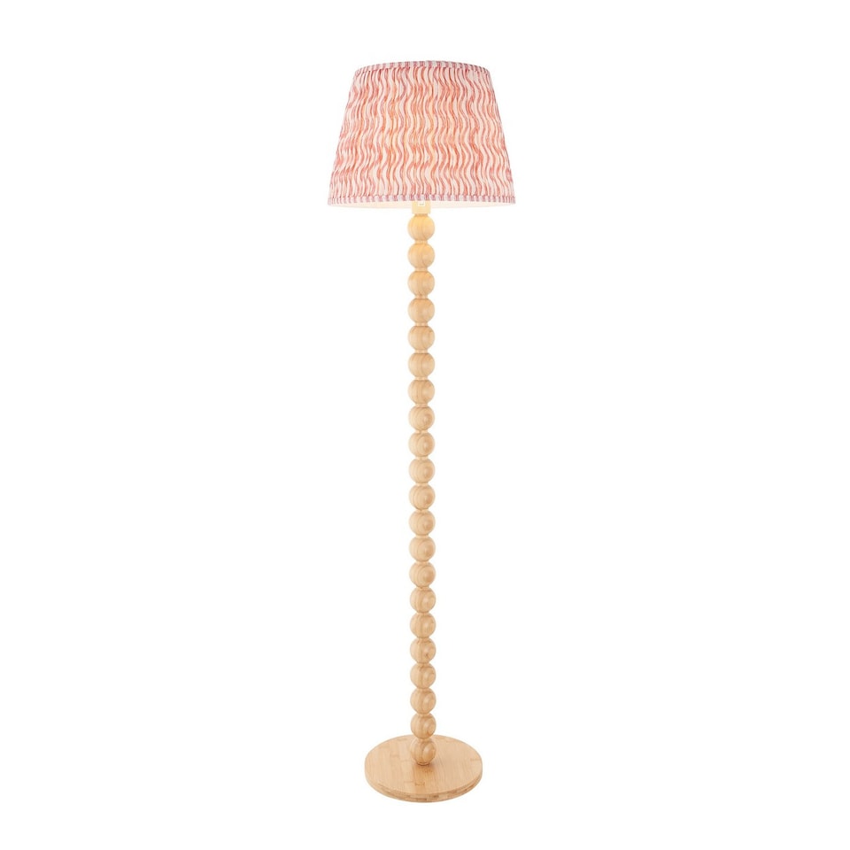 image 1 of Cane Natural Bamboo Floor Lamp with Coral Pink Fabric Ripple Shade 40cm E27