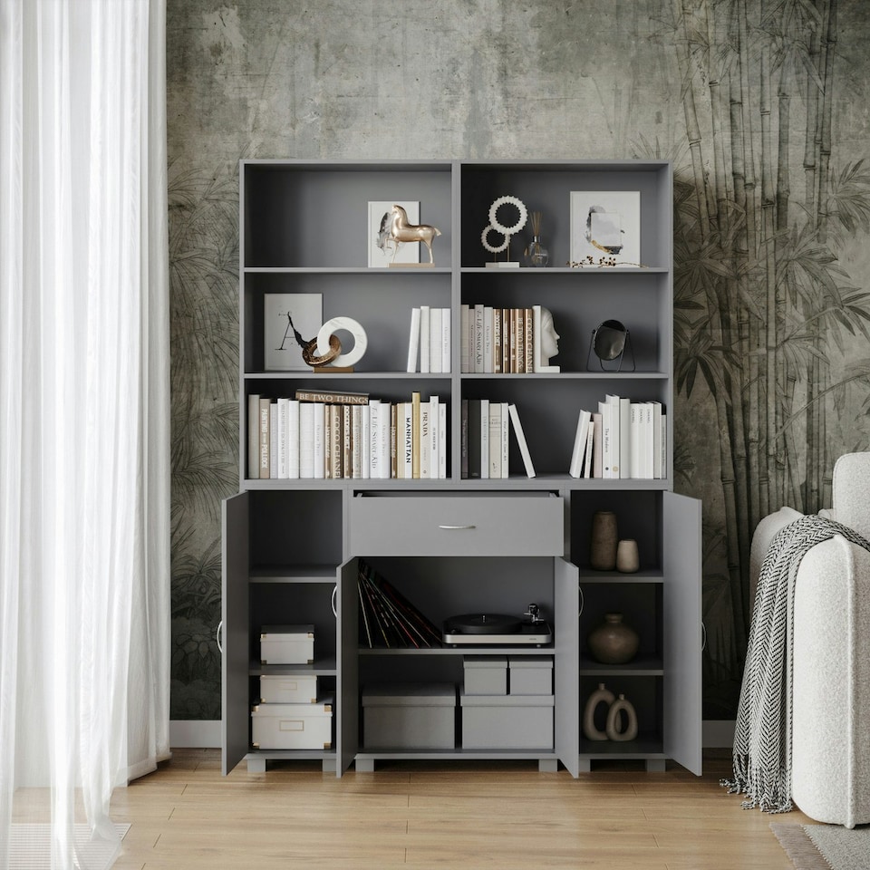 image 1 of Multi-Compartment Cabinet with 3-Tier Bookshelves and 1-Drawer White | Unit Colour: White
