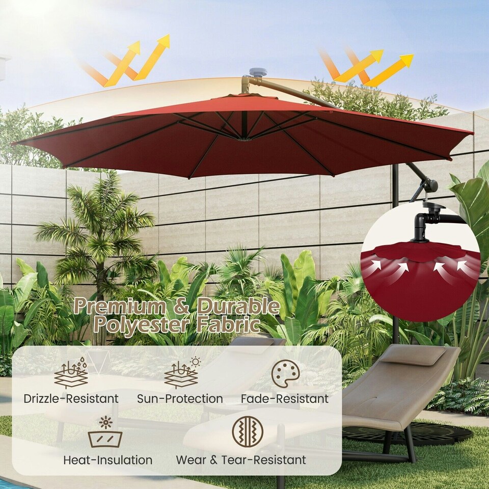 image 1 of COSTWAY 303 cm Patio Parasol Solar LED Cantilever Offset Umbrella Red