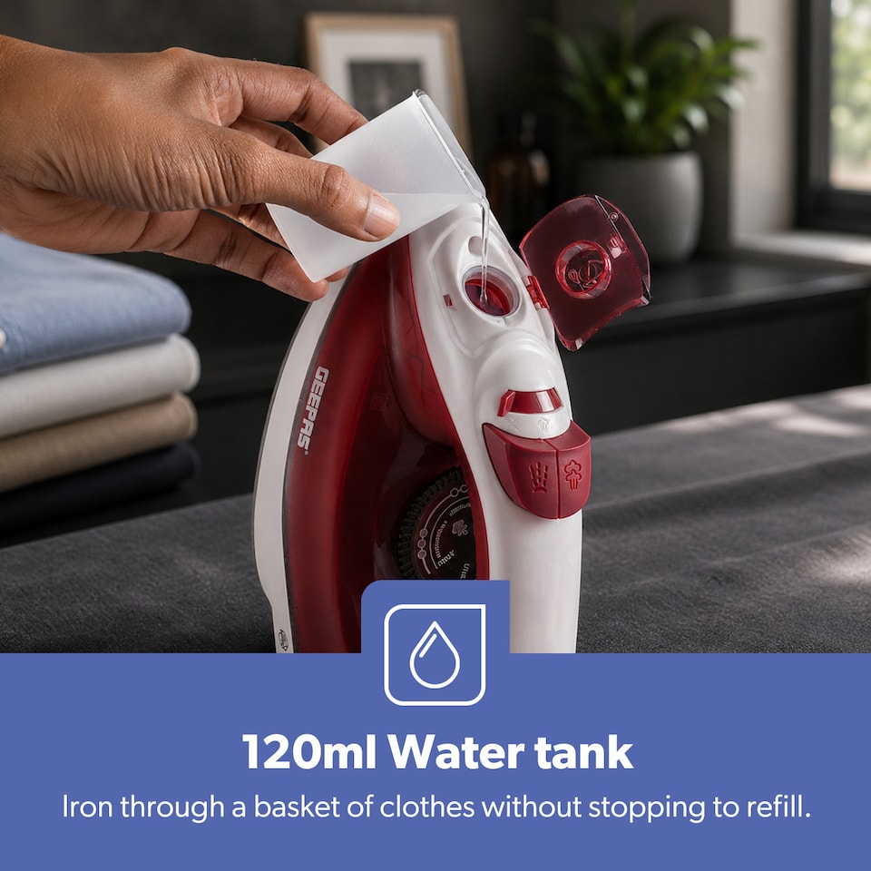 image 1 of GEEPAS Dry & Steam Iron Non Stick Soleplate 1800W Red