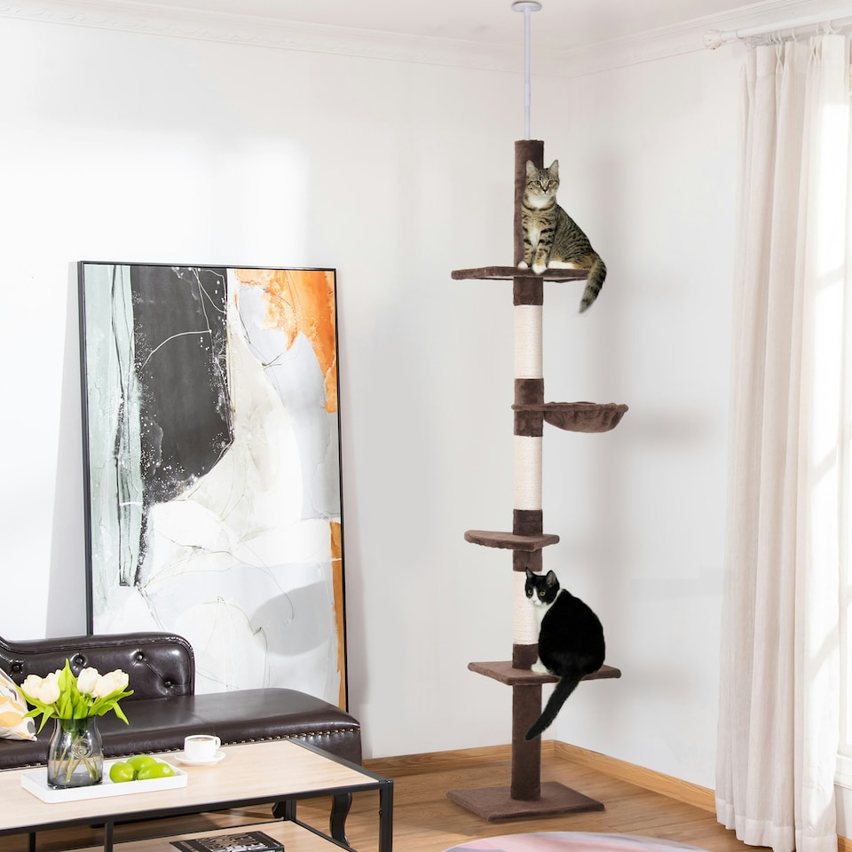 image 1 of PawHut Floor to Ceiling Cat Tree 5-Tier Climbing Tower Scratching Post Brown