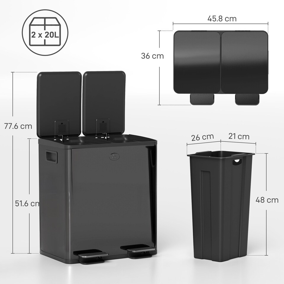 image 1 of HOMCOM Dual Kitchen Bin, 2 x 20L Stainless Steel Double Rubbish Bin with Soft Close Lid, Removable Inner Buckets, Rubbish Bags, Fingerprint-Proof for Recycling and Waste, Glossy Black | Black