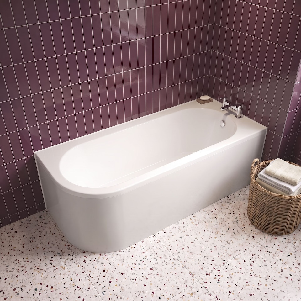image 1 of Balterley Kingsley Right Hand Back to Wall Corner J Shaped Bath Tub and Panel (Taps and Waste Not Included) - Balterley | White | White | 1