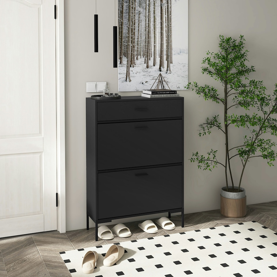 image 1 of HOMCOM Shoe Storage Cupboard with 2 Flip Doors and Sliding out Drawer, Black