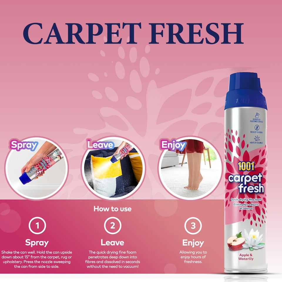 image 1 of 1001 Carpet Fresh Apple Waterlily Carpet Foam Freshener Odour Remover Carpet Cleaner Indoor Home Use 300ml Pack of 2