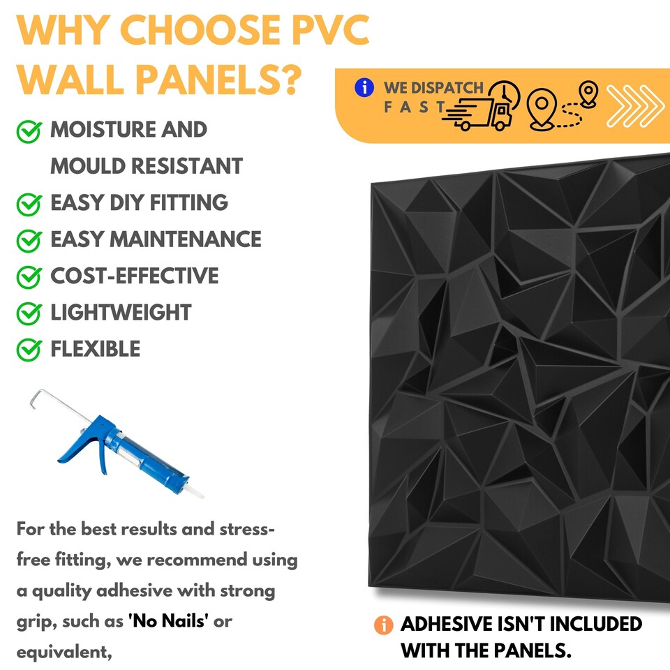 image 1 of NOVECRAFTO Decorative 3D Wall Panels (50cm x 50cm) Diamond Prestige Design PVC Cladding Panel | Black | Matt Black | M | 6