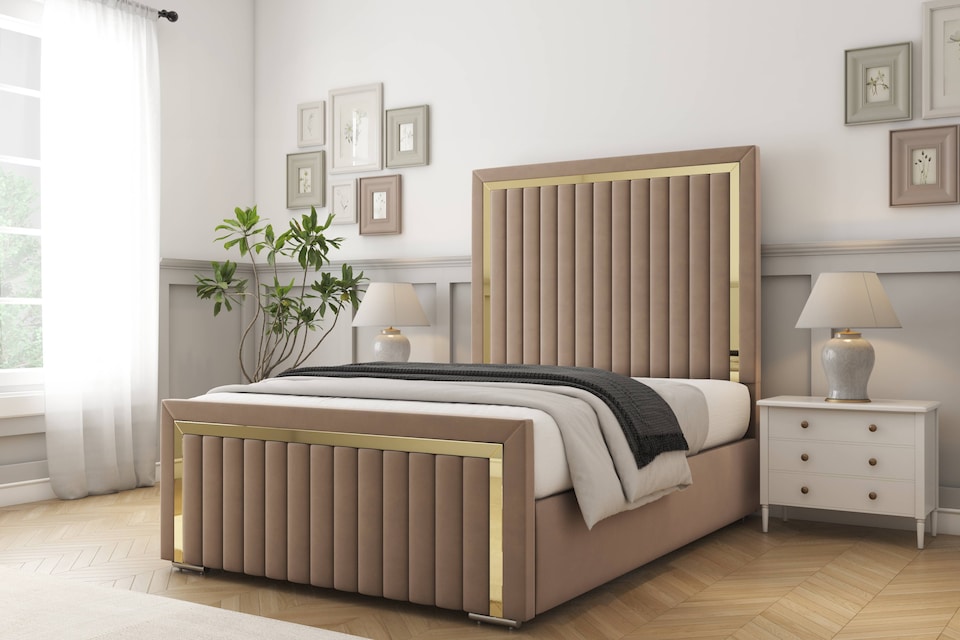 image 1 of Sloomy Boston Gold Mink Plush Bed Frame With 50" Upholstered Headboard 6' Super King