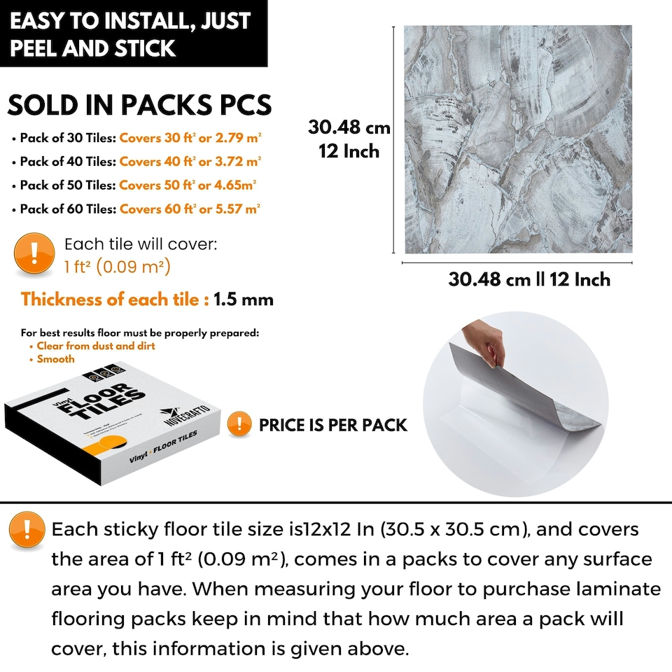 image 1 of NOVECRAFTO Vinyl Floor Tiles Self Adhesive – 12x12in Peel and Stick Flooring for Kitchen, Bathroom & Living Room – Charcoal Marble Flow Design Grey | 3.72 sqm