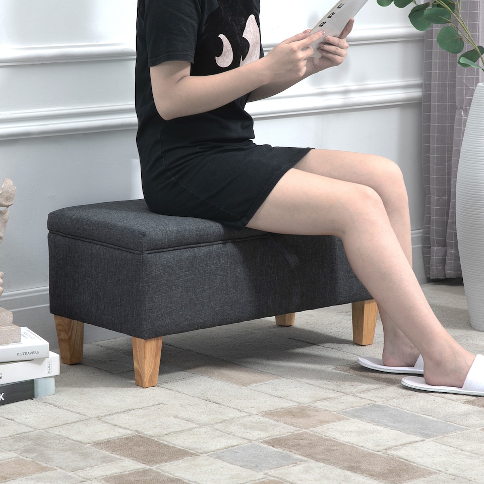image 1 of HOMCOM 30L Linen Storage Ottoman Padded Footstool with Rubberwood Legs for Storage Box, Bed End, Shoe Bench, Seating, Dark Grey | Grey | Dark Grey | 1