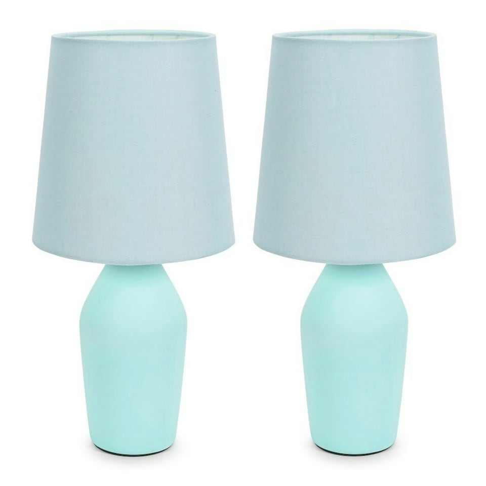 image 1 of ValueLights Arlo Pair of Duck Egg Blue Ceramic Table Lamps with Blue Shades and LED Bulbs Blue