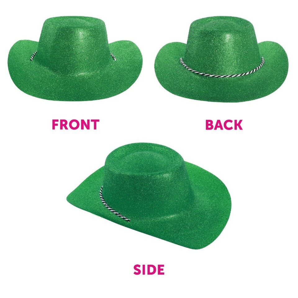 image 1 of Pack of 1 Green Glitter Cowboy Hat & Feather Boa Green | One Size