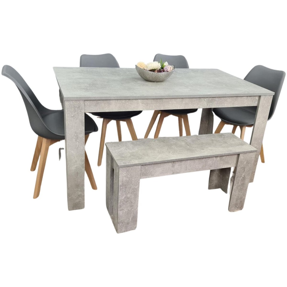 image 1 of Stone Grey Effect Dining Table with Bench and 4 Grey Plastic Chairs Dining Room Furniture Set | Grey | One Size | 6