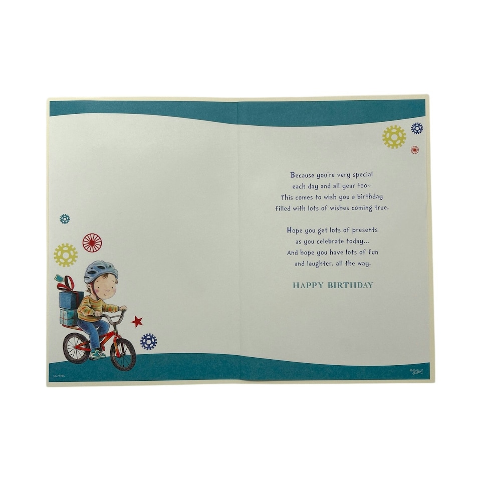 image 1 of Nephew Age 4 Boy with Gifts Design Juvenile Birthday Card with Badge